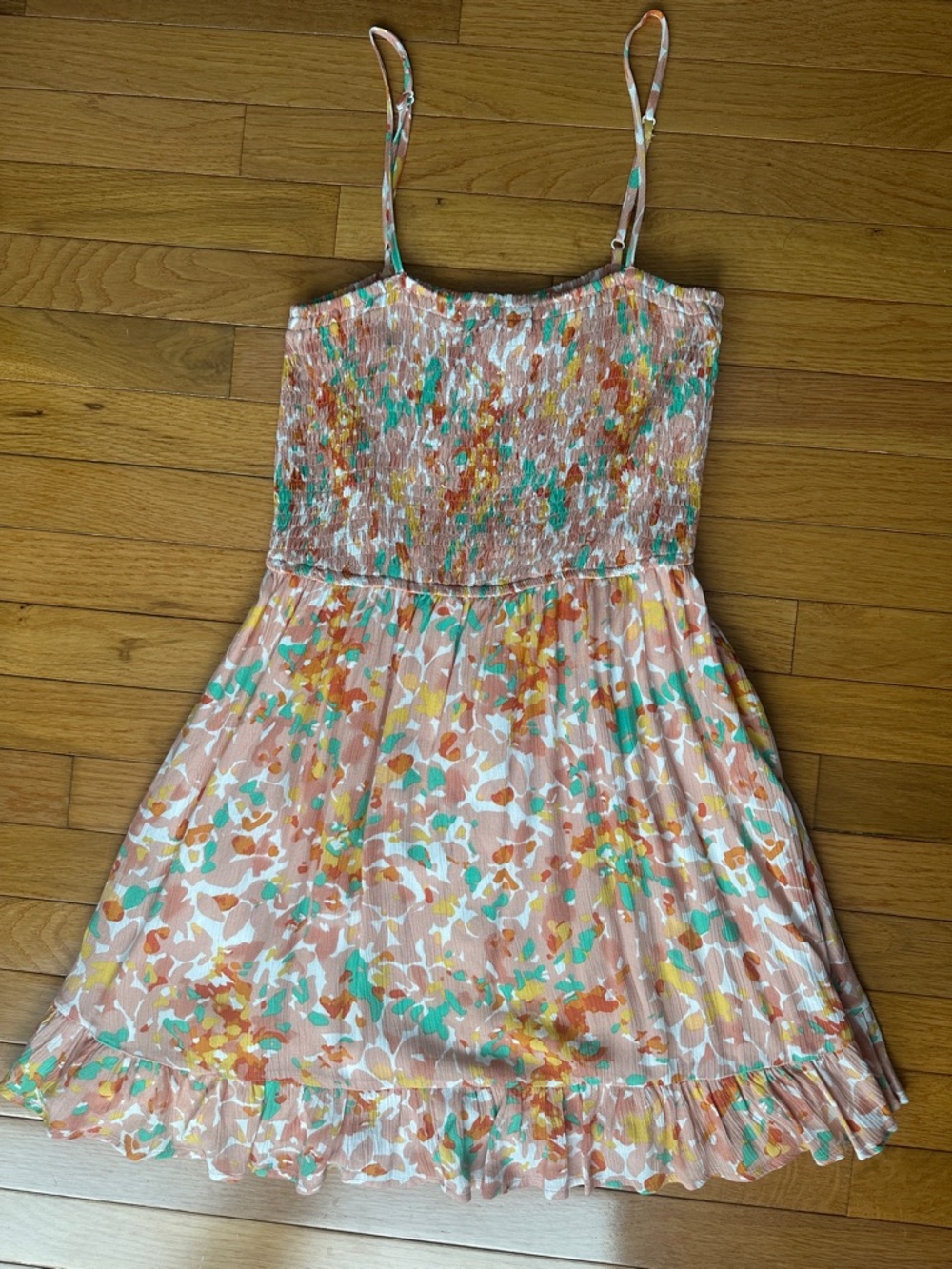 Sadie & Sage Peach Floral Smocked Sundress with Teal and Mustard Accents